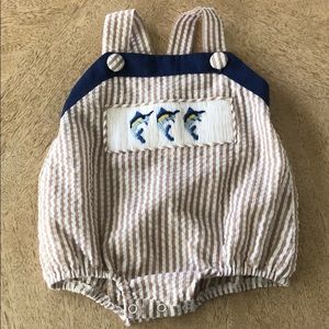 Busy Bee Smocks Blue Marlin seersucker sunsuit 3 m